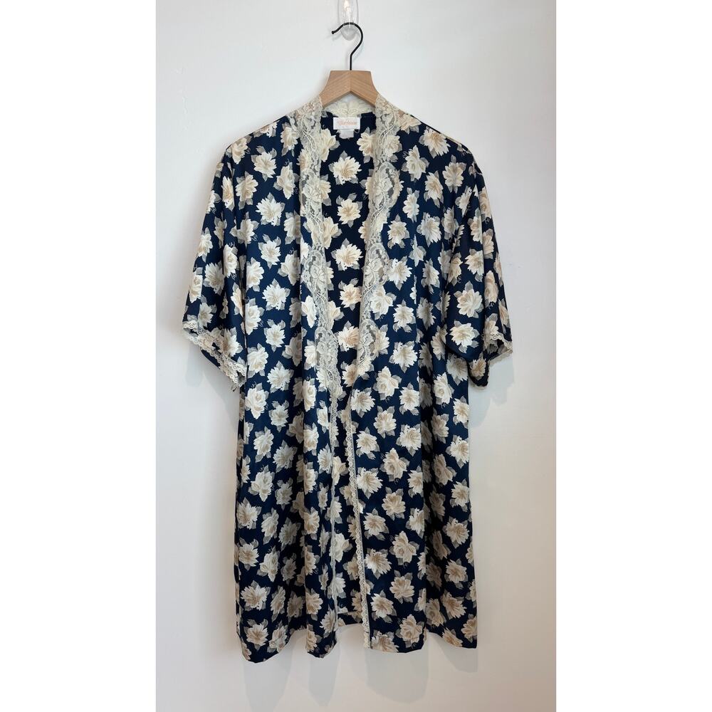 Vintage Barbizon Floral Kimono Style Robe Navy Cream Lace Trim 70s 80s M/L